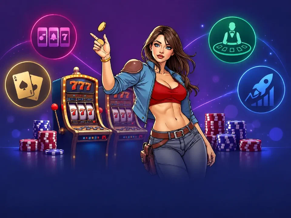 Neutrale Casino-Landschaft mit Karten, Rollen und Live-Tischsymbolen